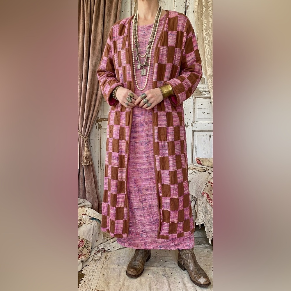 Vintage‎ MOLATO Silk Pink Tweed Patchwork Hippie 70s Maxi Dress Duster Jacket